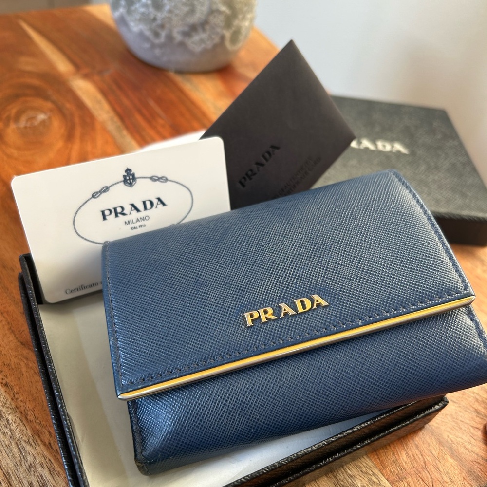 PRADA Metal Bar Blue Saffiano Leather bi-fold Wallet